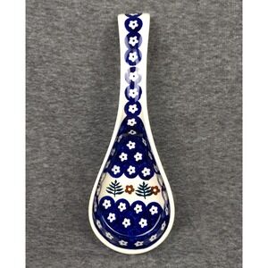 Boleslawcu Polish Pottery Spoon Rest Blue Floral Fern‎ Pattern Hand Made Poland